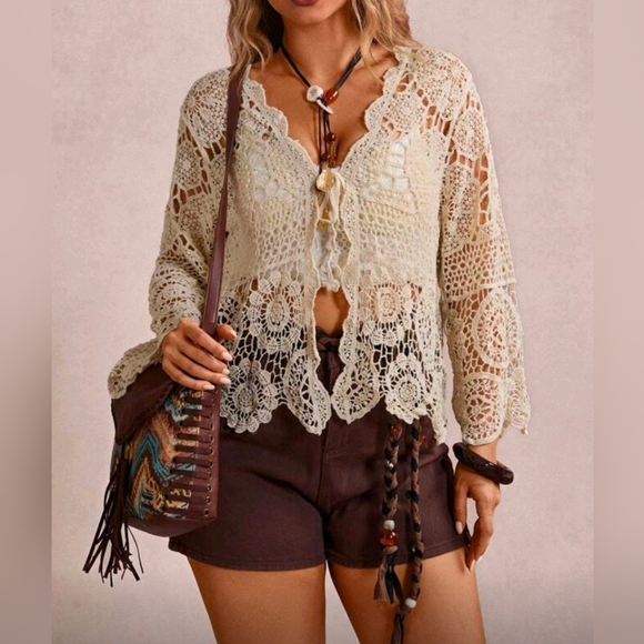 New Boho Crochet Knit Cardigan Top PLUS Sheer Khaki Tan - Picture 6 of 9
